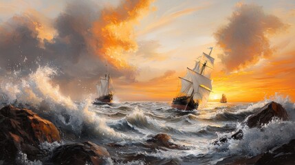 A powerful storm rages on the open ocean with massive waves crashing against the rocky coastline as the sun sets in the distance creating a breathtaking and moody seascape