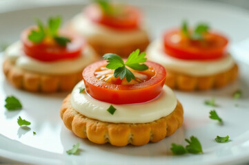 A simple snack of crackers, cheese, and tomatoes on a white plate