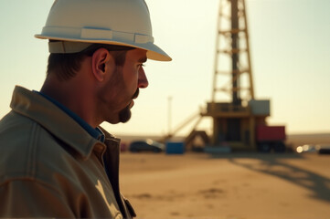 A worker in a hard hat stands near a drilling rig, with equipment and pipes visible