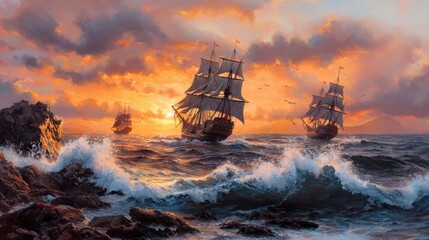 Majestic sailing ships navigate the powerful waves and fiery sunset over a rugged rocky coastline capturing the adventurous spirit of nautical