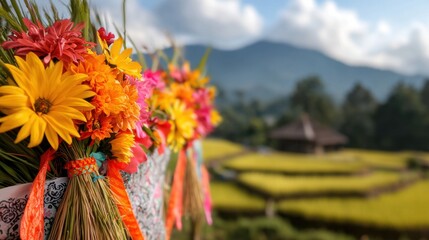 Vibrant and colorful festival adorn the lush green rice terraces set against a backdrop of majestic mountains in a rural agricultural landscape