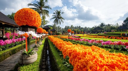 A lush tropical garden with vibrant orange and pink flowers adorning the scenic rice terraces surrounded by palm trees and a wooden pavilion creating a serene and enchanting festival atmosphere