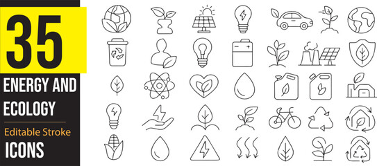 Energy and Ecology Icon Set &ndash; Vector line icons of renewable energy, environment, sustainability, solar power, wind turbines, green technology, recycling, conservation, eco-friendly, nature