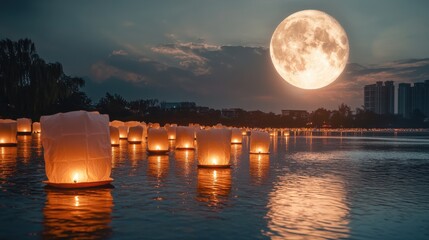 A serene and enchanting scene of a river reflecting the soft glow of numerous floating lanterns set against a night sky with a captivating full moon