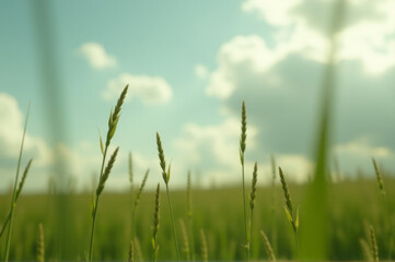 Image of a vast green field with tall grass and cloudy sky in the background