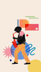 Silhouetted man playing red saxophone with hat surrounded abstract geometric shapes as music rhythm, against beige background. Conceptual art design. Concept of music, sound, classic and modern