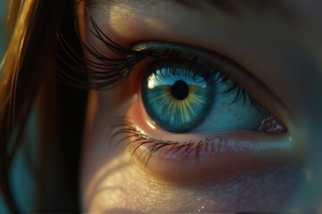 A detailed view of a person's blue eye with eyelashes and iris