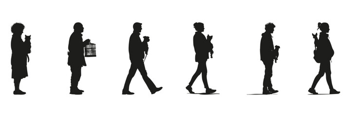People And Pets Silhouette Set. Human-Animal Interaction And Companionship Symbol Collection. Lifestyle And Social Use. Isolated Vector Illustration