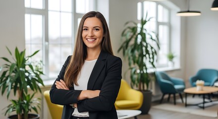 A confident businesswoman stands gracefully, exuding professionalism and poise within a stylish office, embodying leadership and expertise. 