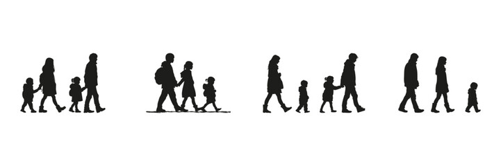Fototapeta premium Family Walking Silhouette Set. Parenting, Childhood, And Family Bonding Symbol Collection. Social And Educational Use. Isolated Vector Illustration