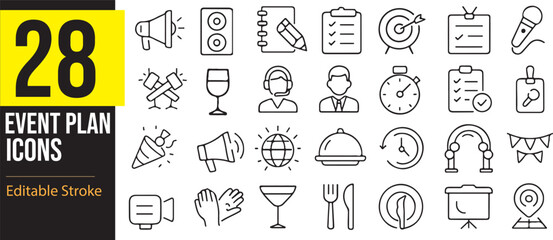 Event Planning Icon Set – Vector Line Illustrations for Celebration, Organization, and Coordination Icons Collection. Editable Stroke And Pixel Perfect