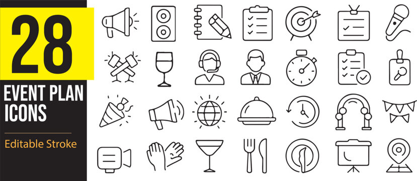 Event Planning Icon Set – Vector Line Illustrations for Celebration, Organization, and Coordination Icons Collection. Editable Stroke And Pixel Perfect