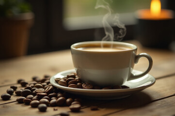 A cup of coffee with a few coffee beans on a wooden table