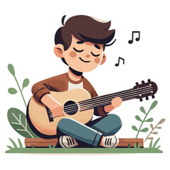 Boy Playing Acoustic Guitar Sitting on Wooden Platform in Cartoon Style Illustration