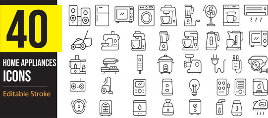 Home Appliances Icon Set – Vector Line Illustrations of Kitchen, Laundry, and Household Device Symbols and icons collection. Editable Stroke