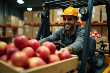 A person wearing a hard hat and safety vest is sitting in a forklift truck, ready to lift heavy loads