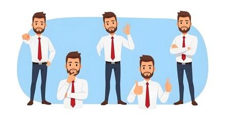 Businessman character poses and expressions: A diverse set of illustrations showcasing a businessman in various poses and expressions, perfect for presentations, websites, and marketing materials.