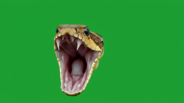 Open-mouthed serpent displaying fangs, green screen background.