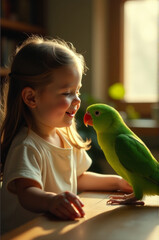 A young girl sits at a table with a colorful parrot perched on her hand