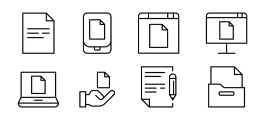Conjunto de iconos de hoja de documento. Archivo digital, edición, almacenamiento, visualización y organización. Documento individual, en móvil, navegador, pantalla, laptop. Ilustración vectorial