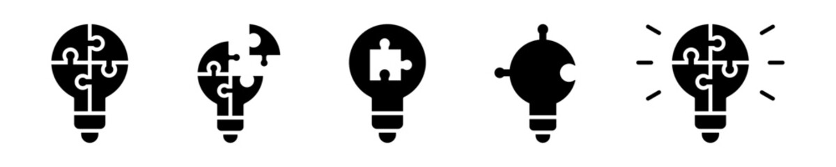 Conjunto de iconos de bombillas sólidas de soluciones. Resolución de problemas, idea creativa. Rompecabezas estilo bombillas sólidas. Ilustración vectorial
