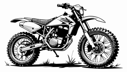 Obraz premium Black and white sketch of an off-road dirtbike motorcycle with knobby tires and suspension details