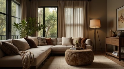 Fototapeta premium Cozy living room with large windows