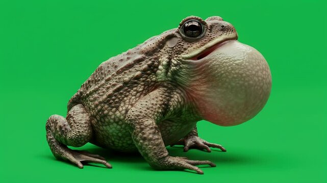 Inflated vocal sac of a calling toad against a solid green background, detailed skin texture.
