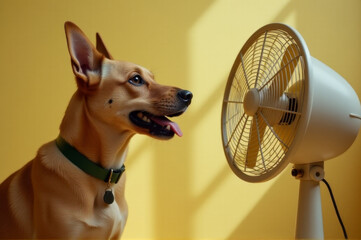A brown dog is sitting in front of a fan on a hot day
