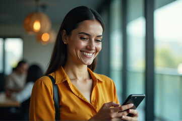 A person smiling and interacting with their mobile device