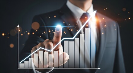 A businessman confidently points towards a rising graph, illustrating financial growth and market trends.