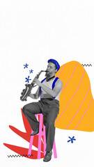 Bearded man in blue suspenders playing saxophone on stool with orange abstract shape and red...