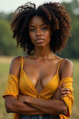 A woman posing with a yellow top, ready for her photo shoot