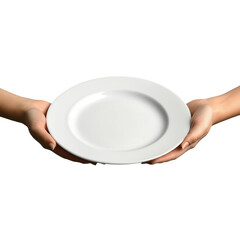 Hand holding an empty, clean, round, white dinner plate isolated on a blank background