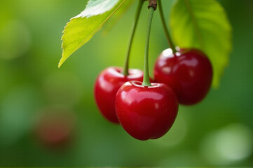 A pair of ripe cherries hang from a leafy tree branch