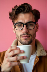 A person with glasses holding a cup of coffee