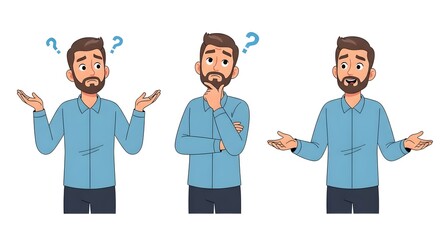 Puzzled man in blue shirt raises hands with question mark in cartoonish style illustration.
