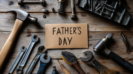 Father's Day Greeting Card Surrounded by Arranged Tools on a Flat Wooden Surface for Celebration and Gift Ideas