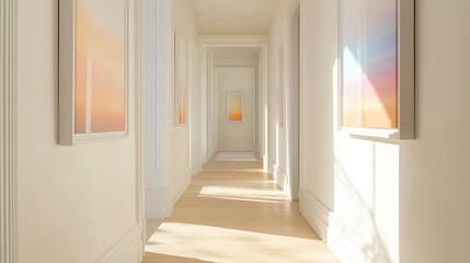 spacious, bright hallway with minimalist artwork.