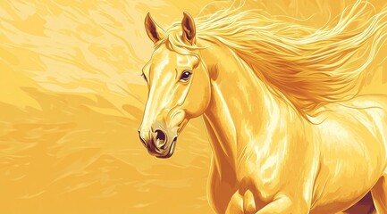 A golden horse with a flowing mane gallops in vivid, stylized art. Warm yellow and orange swirls symbolize motion, energy, and joy for the 2026 zodiac horse-year and upcoming New Year celebration.