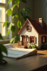 A small house perched on the cover of a book, perfect for illustrations and designs