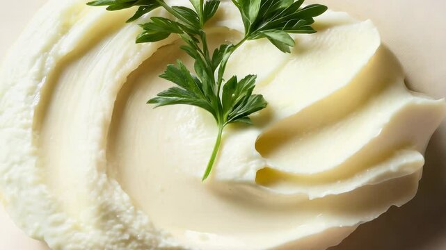 Smoothly spread hummus garnished with a fresh sprig of parsley, captured from a top-down view.