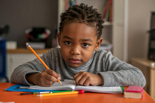 A focused young boy is studying diligently at his desk, absorbed in his homework