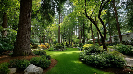 Obraz premium Tranquil forest lawn with lush greenery
