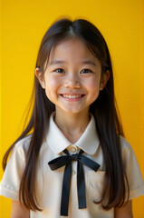 A young girl dressed in a casual outfit with a black bow tie, perfect for a unique fashion statement or creative expression