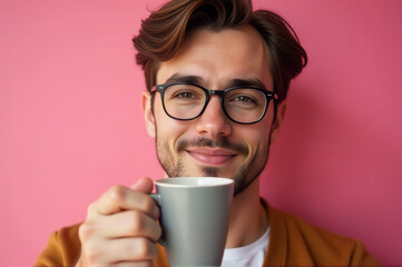 A person enjoying a cup of coffee while wearing glasses, possibly in an office setting or during study time