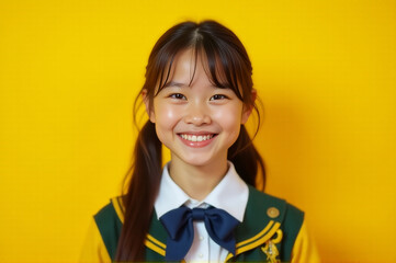 A young girl wearing a green and yellow school uniform