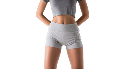 Fit woman wearing gray shorts and crop top standing with hands on her hips against a transparent background, showcasing her toned physique and confident posture