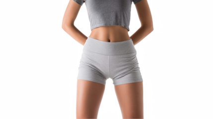 Fit woman wearing gray shorts and crop top standing with hands on her hips against a transparent background, showcasing her toned physique and confident posture
