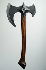 Wooden and metal axe displayed on a clean white surface